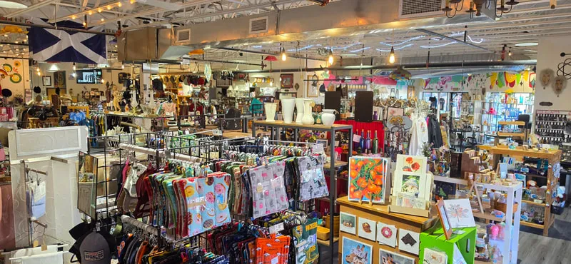 Shelves of vintage finds at Modern Vintage Marketplace